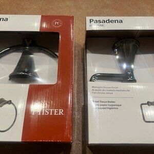 NWB Pfister Pasadena Towel Ring and Toilet Tissue Holder Midnight Chrome Finish